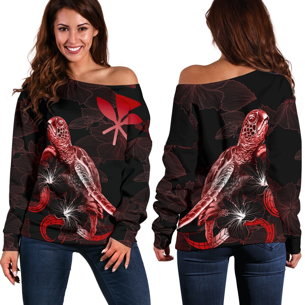 Hawaii Polynesian Women's Off Shoulder Sweater - Turtle With Blooming Hibiscus Red Red - Polynesian Pride