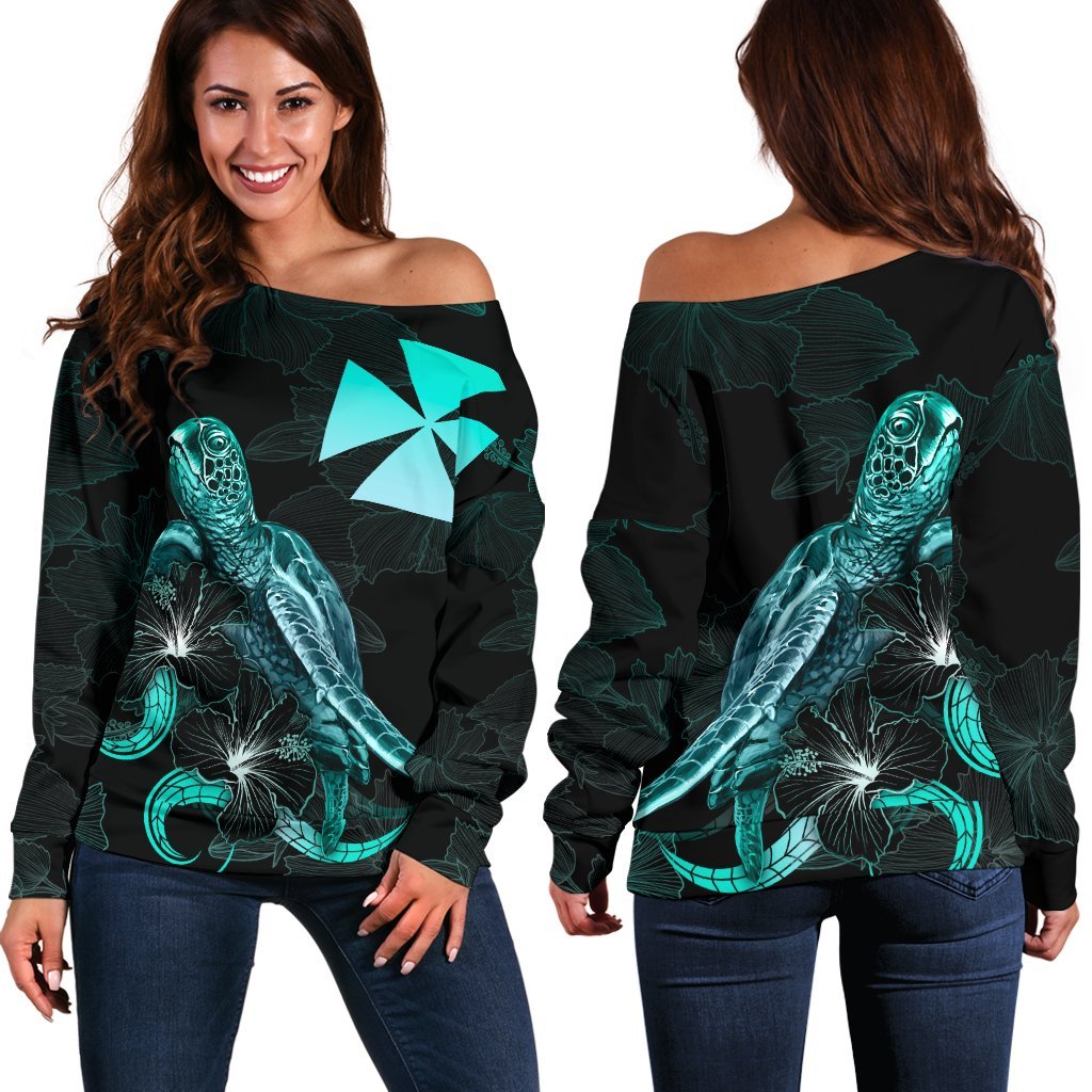 Wallis and Futuna Polynesian Women's Off Shoulder Sweater - Turtle With Blooming Hibiscus Turquoise Turquoise - Polynesian Pride