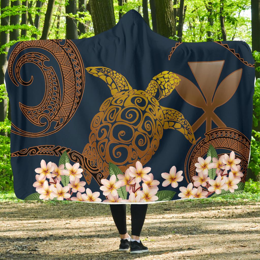 Hawaii Turtle Plumeria Polynesian Kanaka Map - Blue Style - Hooded Blanket AH - Polynesian Pride