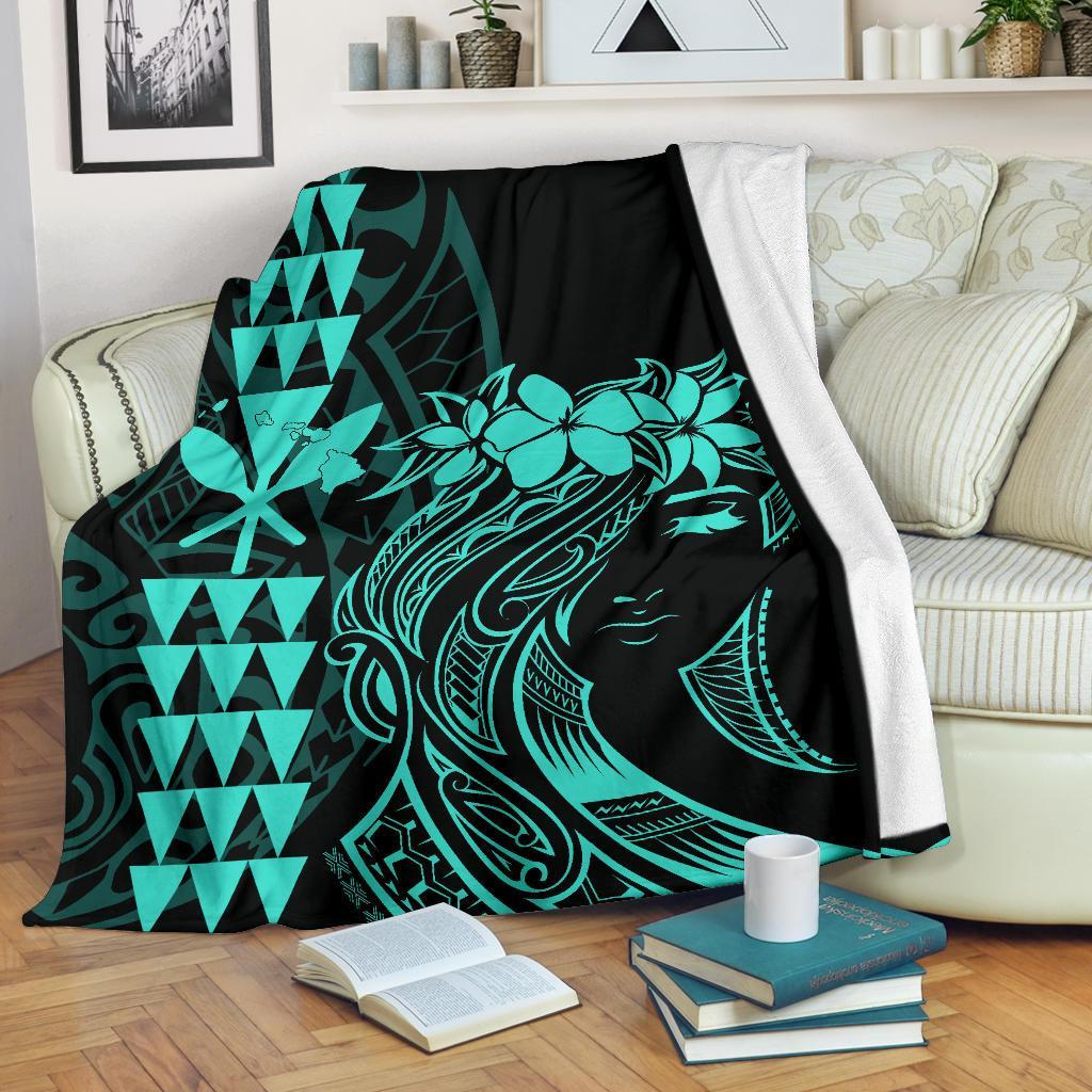 Hawaii Map Kanaka Polynesian Hula Girl Premium Blanket - Turquoise White - Polynesian Pride