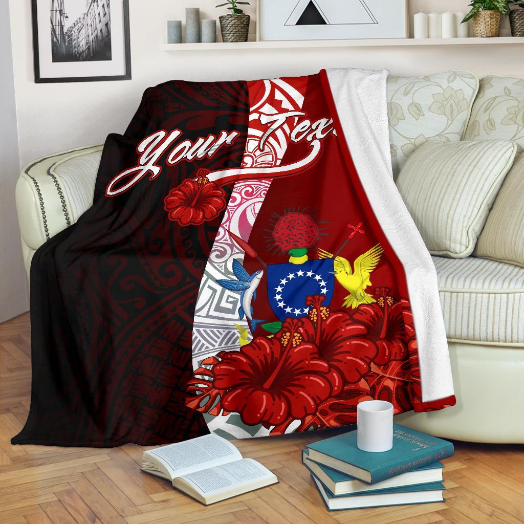 Cook Islands Polynesian Custom Personalised Premium Blanket - Coat Of Arm With Hibiscus White - Polynesian Pride