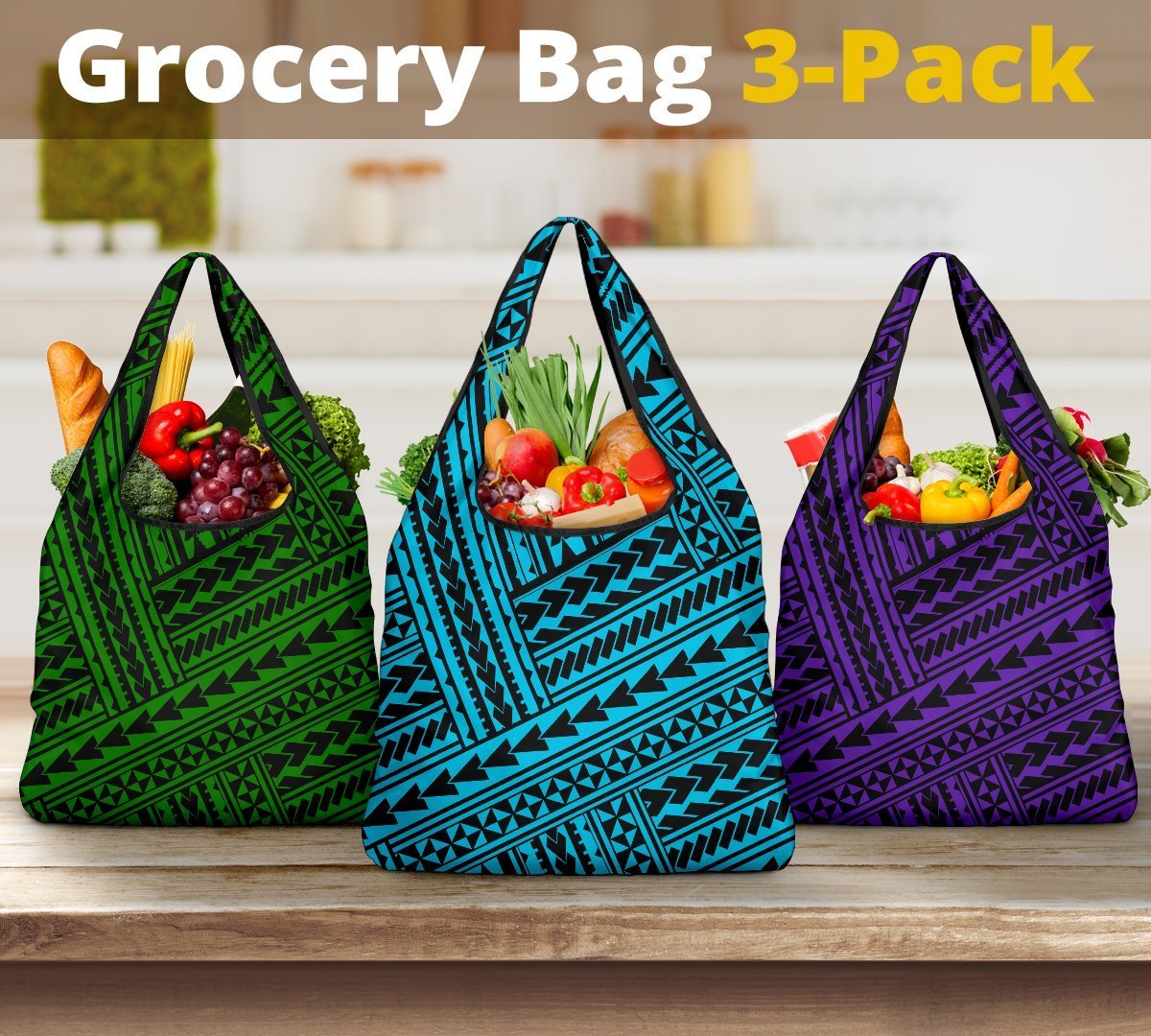 Polynesian Maori Tribal Grocery Bag 3 - Pack Grocery Bag 3-Pack - 1 Black - Polynesian Pride