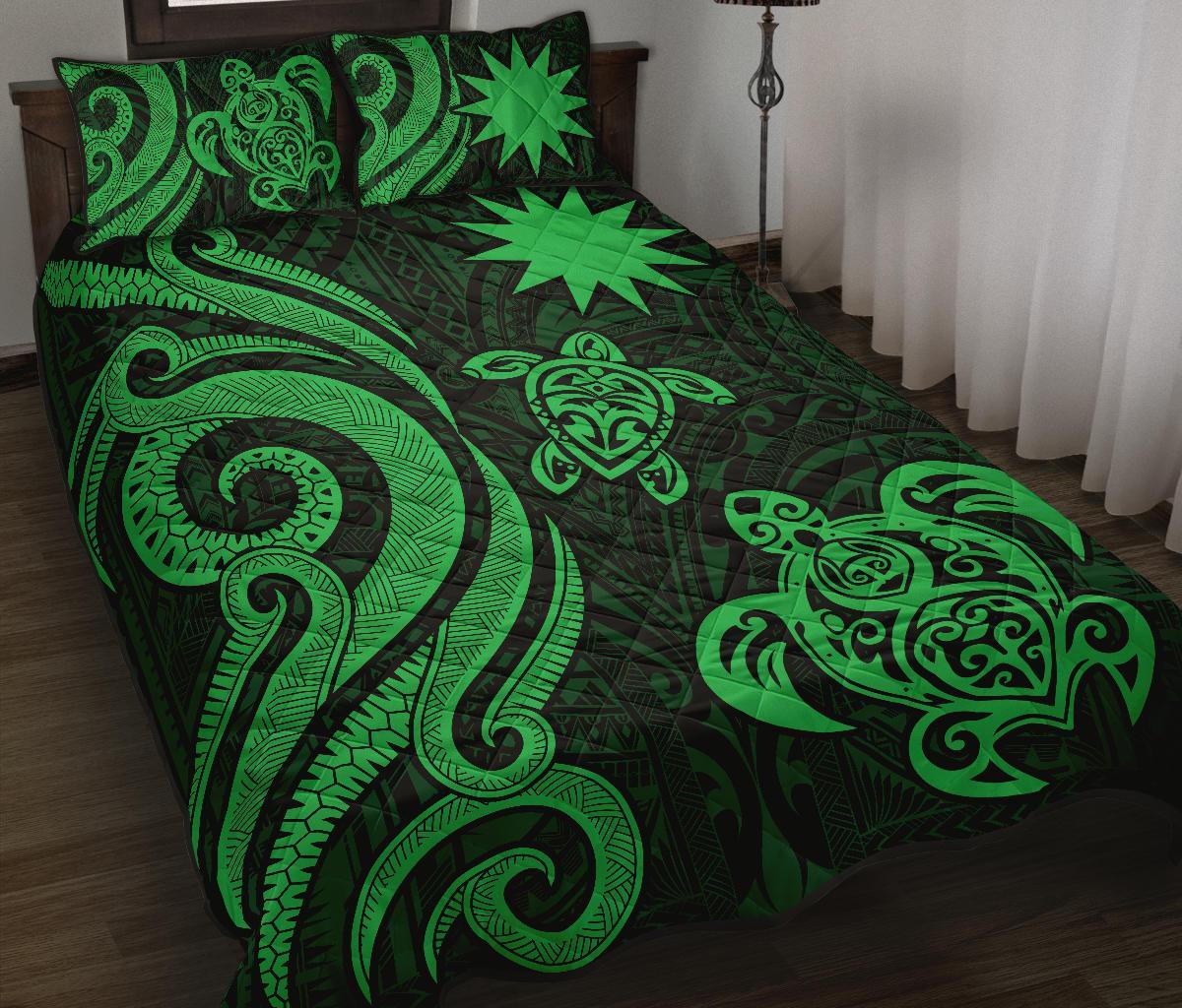 Nauru Quilt Bed Set - Green Tentacle Turtle Green - Polynesian Pride