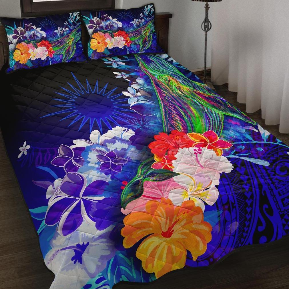 Marshall Islands Quilt Bed Set - Humpback Whale with Tropical Flowers (Blue) Blue - Polynesian Pride