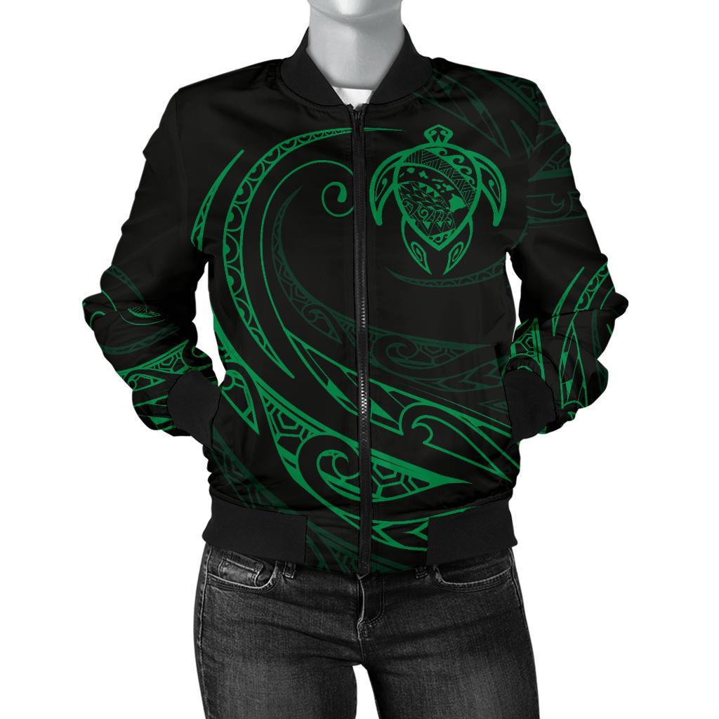 Hawaii Turtle Map Polynesian Women's Bomber Jacket - Green - Frida Style Green - Polynesian Pride