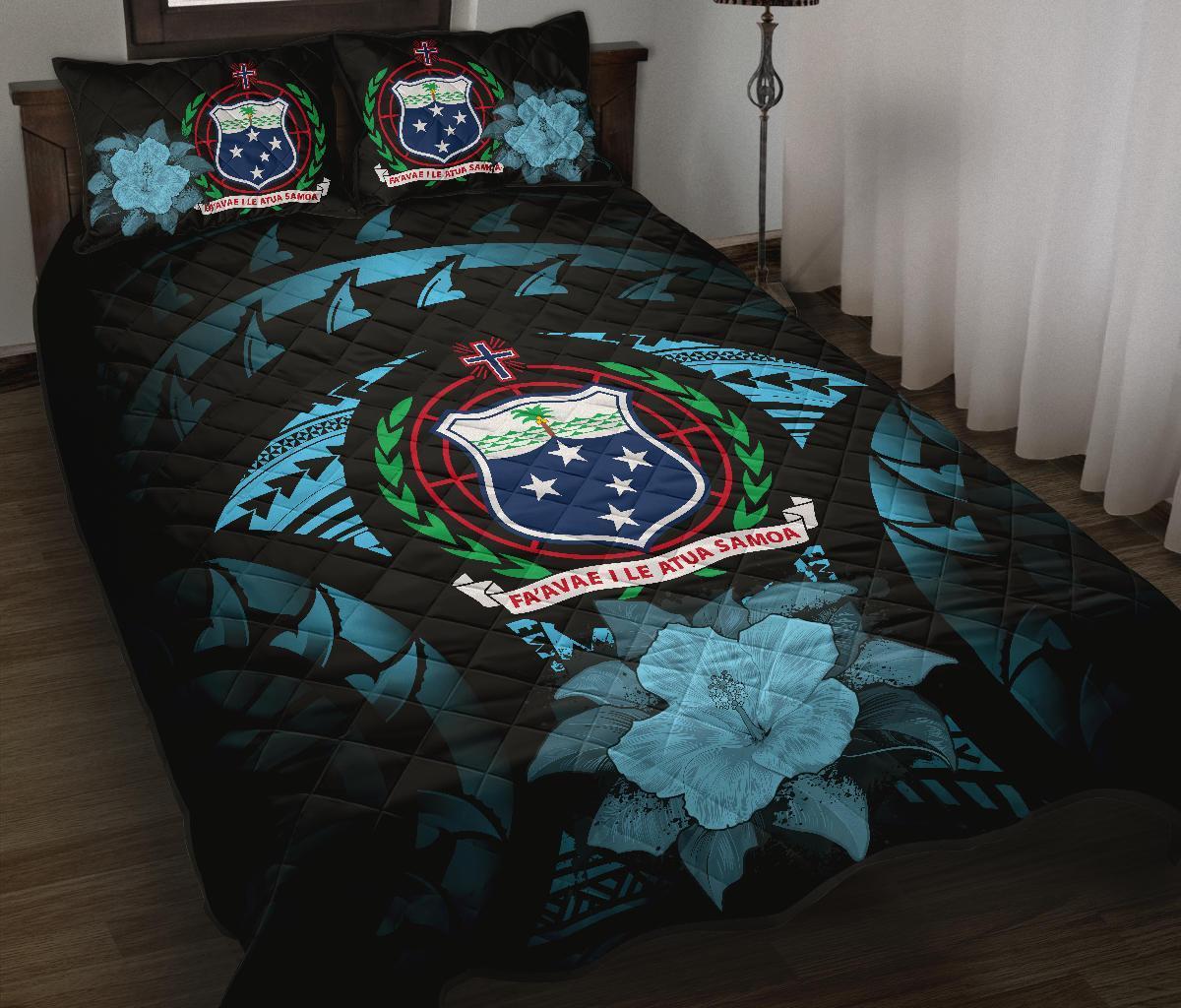 Samoa Polynesian Quilt Bed Set Hibiscus Blue Black - Polynesian Pride