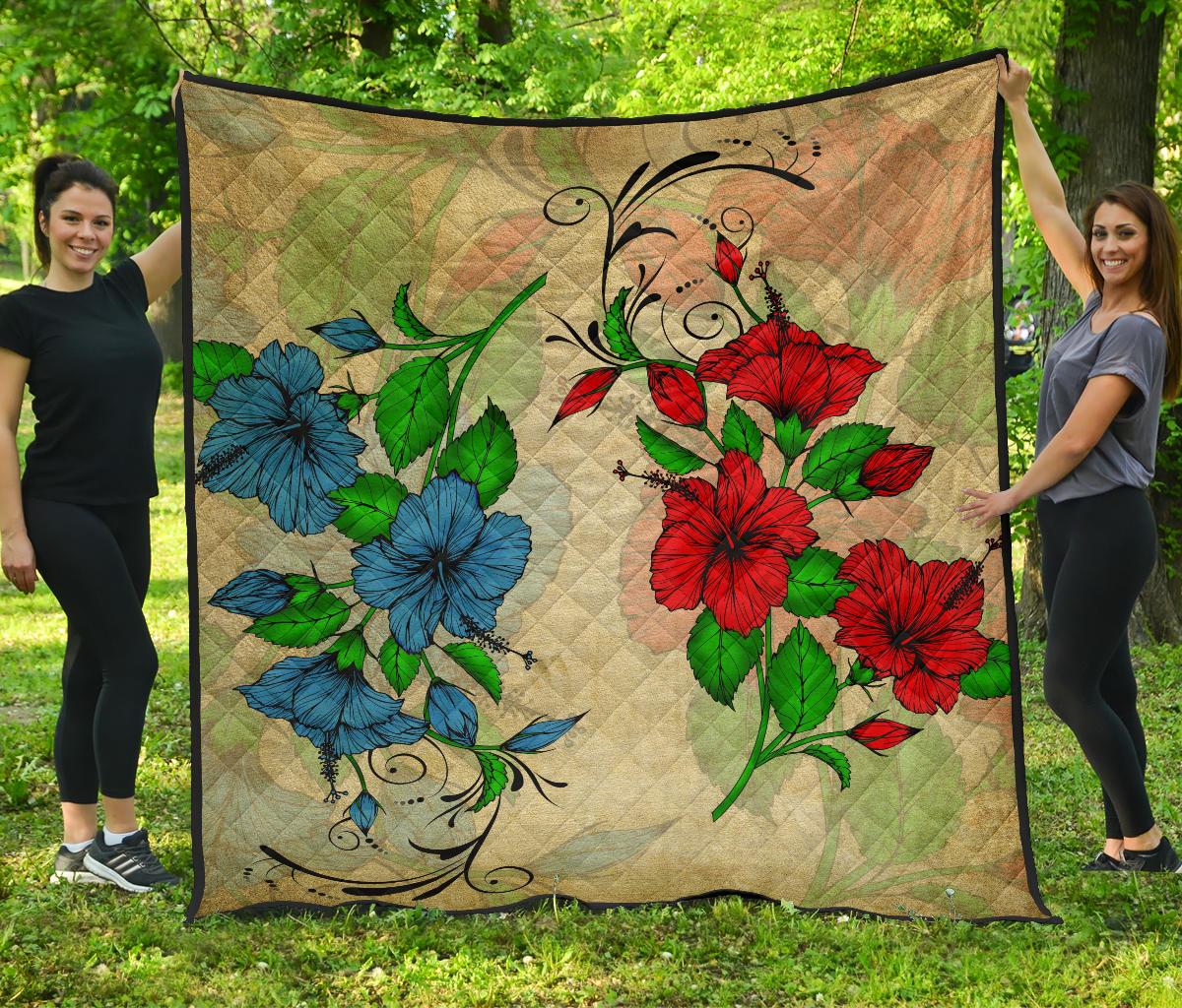 Hibiscus Red And Blue Premium Quilt Yellow - Polynesian Pride