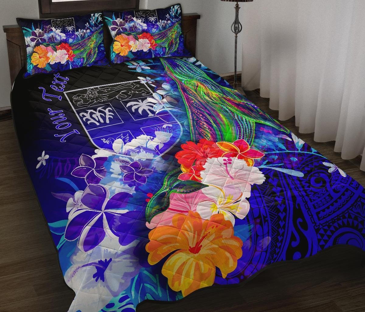 Fiji Custom Personalised Quilt Bed Set - Humpback Whale with Tropical Flowers (Blue) Blue - Polynesian Pride