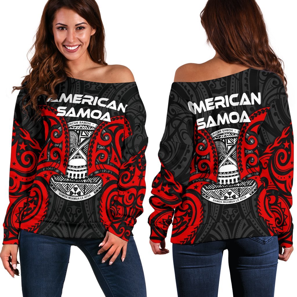 American Samoa Polynesian Women's Off Shoulder Sweater - American Samoan Spirit Red - Polynesian Pride