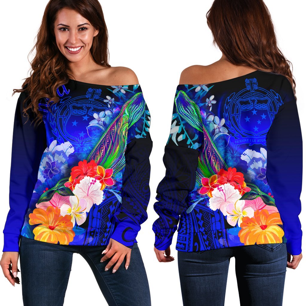 Samoa Women's Off Shoulder Sweater - Humpback Whale with Tropical Flowers (Blue) Blue - Polynesian Pride