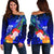 Samoa Women's Off Shoulder Sweater - Humpback Whale with Tropical Flowers (Blue) Blue - Polynesian Pride