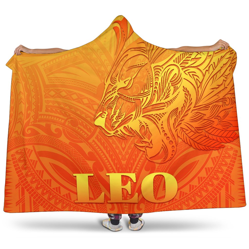 Sun In Leo Zodiac Hooded Blanket Polynesian Tattoo Simple - Orange Hooded Blanket Orange - Polynesian Pride