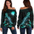 Nauru Polynesian Women's Off Shoulder Sweater - Turtle With Blooming Hibiscus Turquoise Turquoise - Polynesian Pride