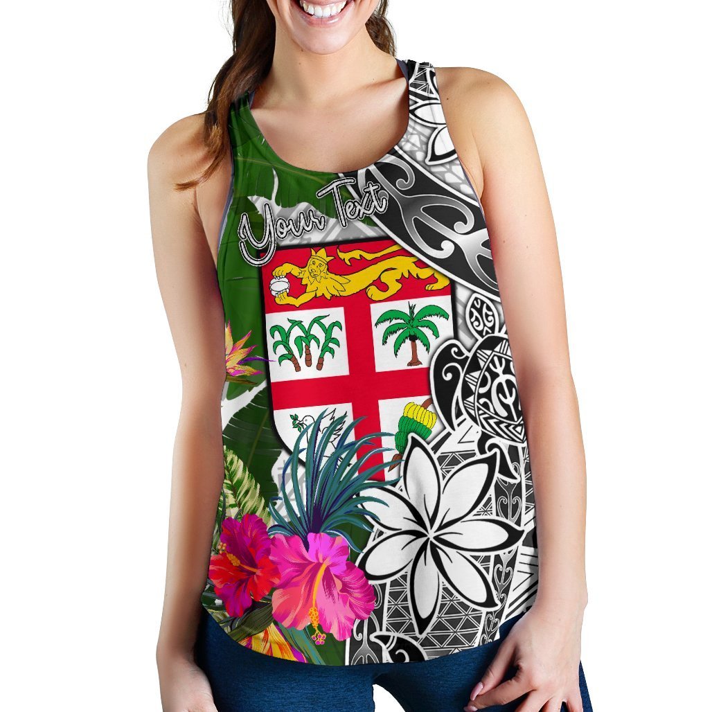 Fiji Custom Personalised Women's Racerback Tank White - Turtle Plumeria Banana Leaf - Polynesian Pride
