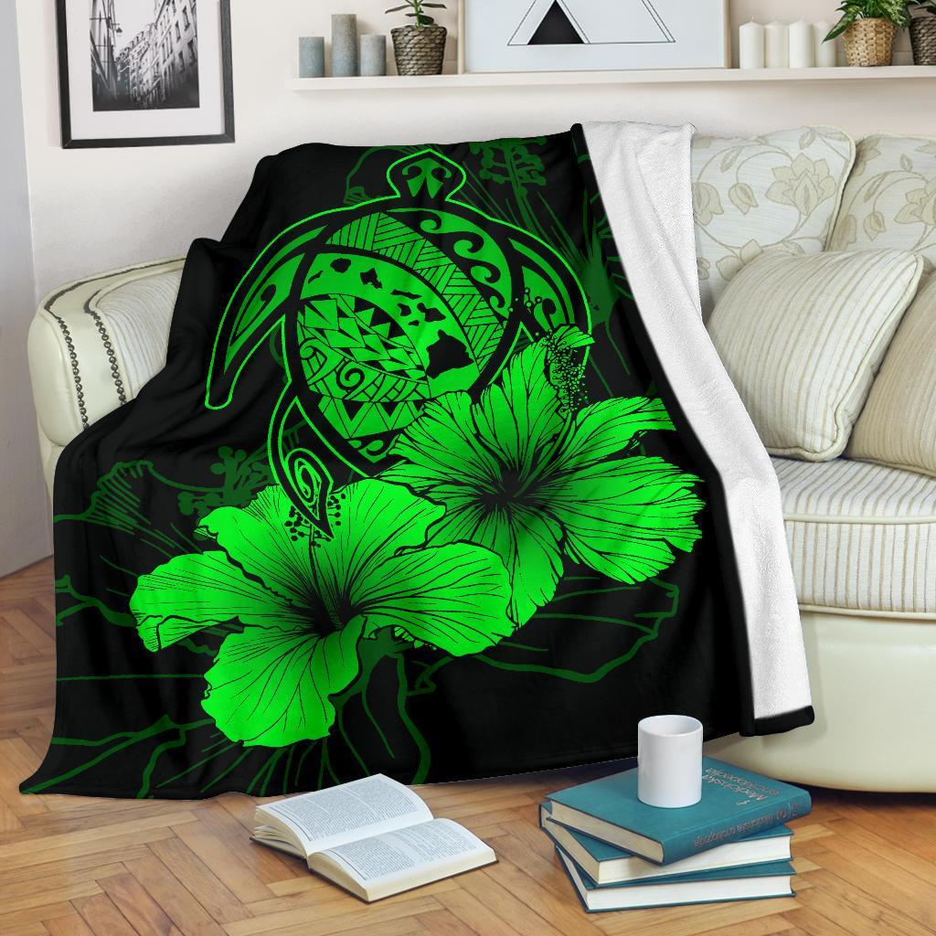 Hawaii Hibiscus Premium Blanket - Turtle Map - Green White - Polynesian Pride