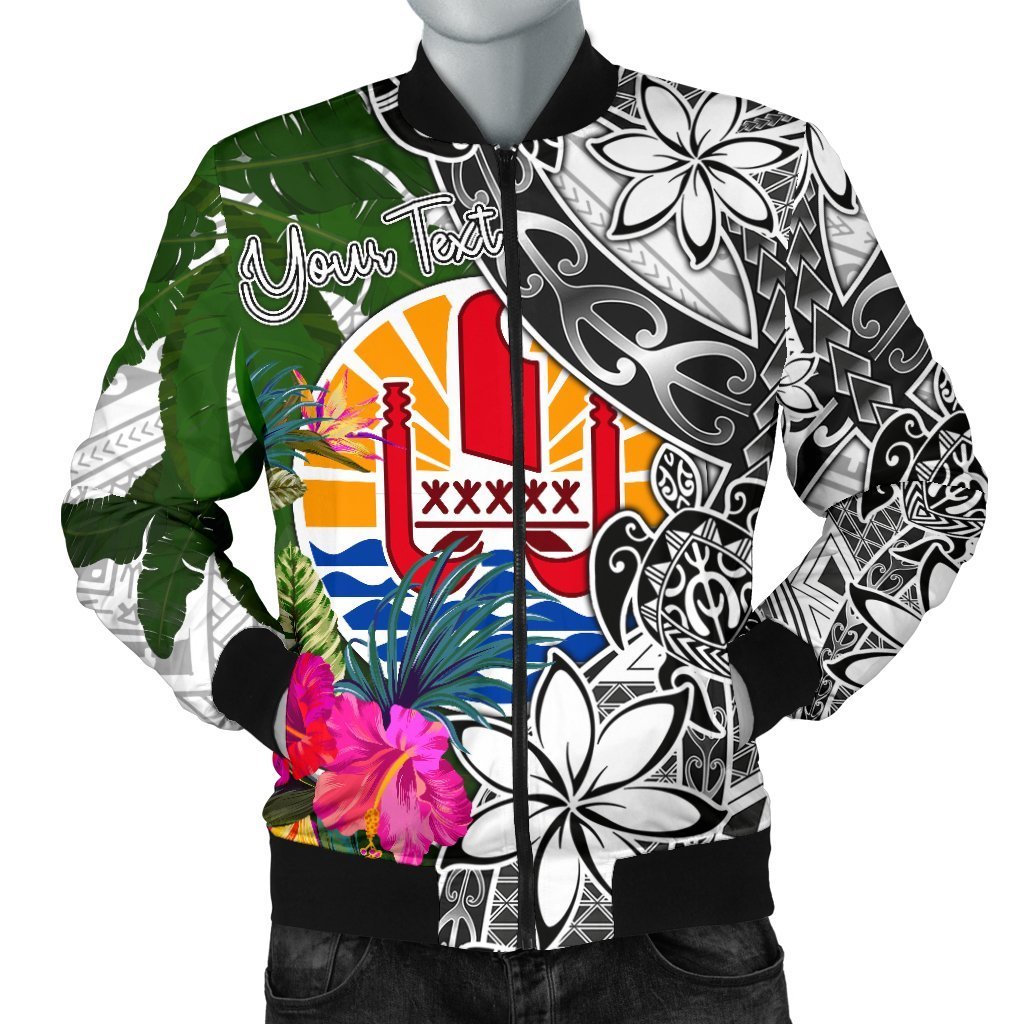 Tahiti Custom Personalised Men's Bomber Jacket White - Turtle Plumeria Banana Leaf White - Polynesian Pride