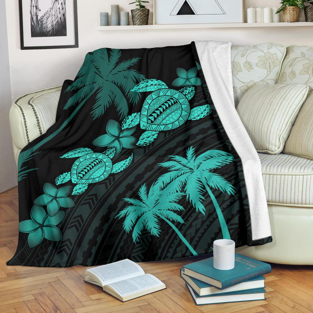 Hawaii Turtle Plumeria Coconut Tree Polynesian Premium Blanket - Turquoise White - Polynesian Pride