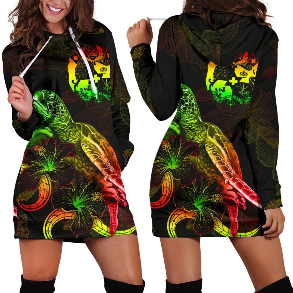 Tonga Polynesian Hoodie Dress - Turtle With Blooming Hibiscus Reggae Reggae - Polynesian Pride