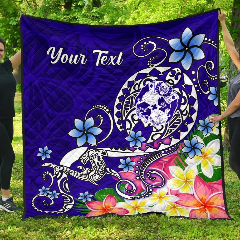 Tonga Custom Personalised Premium Quilt - Turtle Plumeria (Blue) Blue - Polynesian Pride