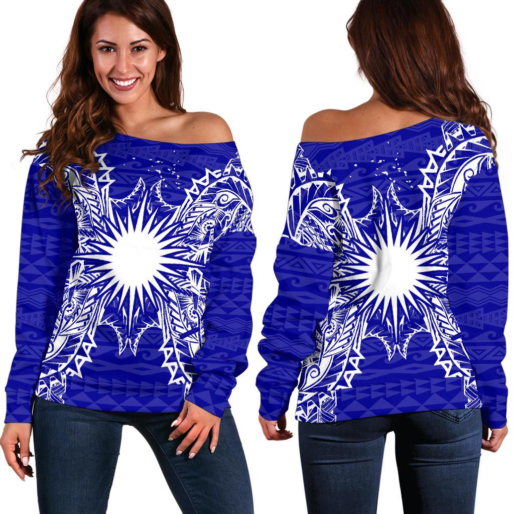 Marshall Islands Polynesian Shoulder Sweater Map Blue Blue - Polynesian Pride