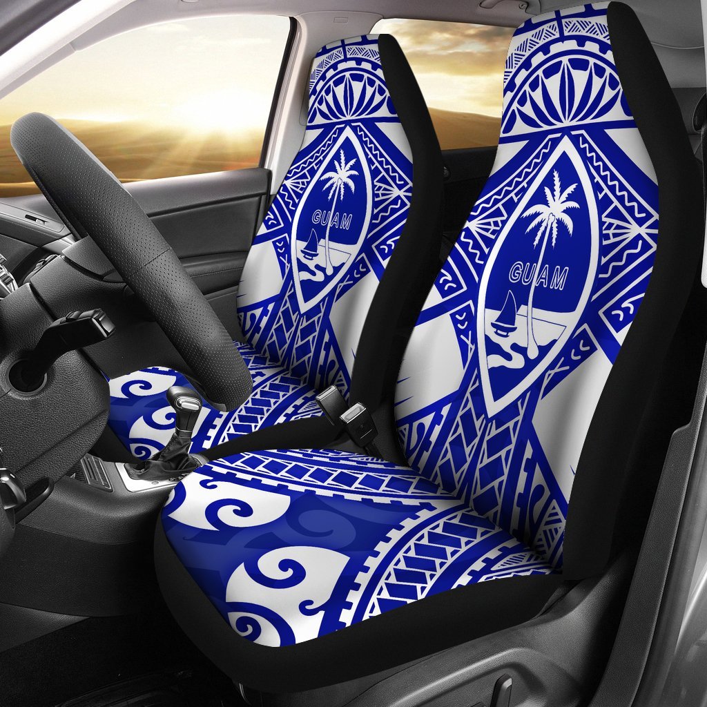 Guam Polynesian Car Seat Covers - Guam White Seal with Polynesian Tattoo Ver 02 Universal Fit White - Polynesian Pride