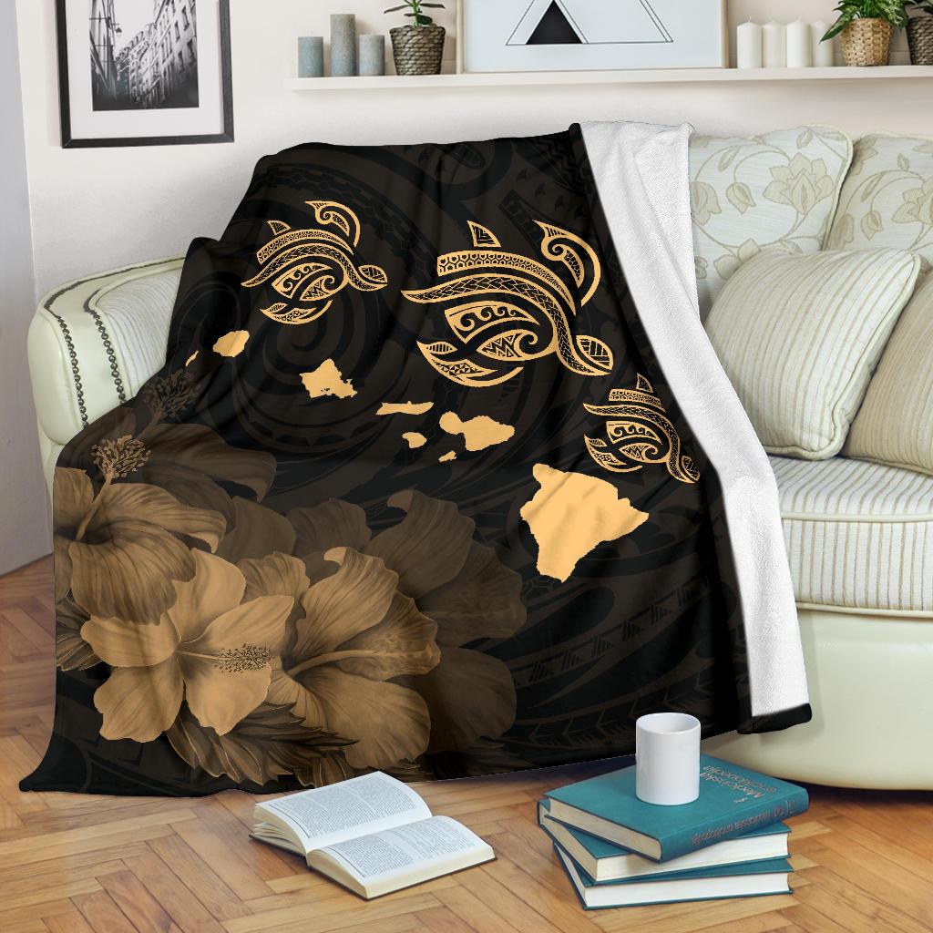 Hawaii Hibiscus Map Polynesian Ancient Gold Premium Blanket White - Polynesian Pride