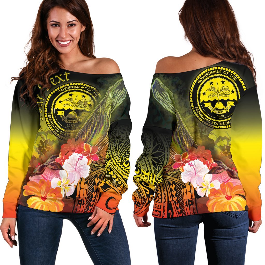 Federated States of Micronesia Custom Personalised Women's Off Shoulder Sweater - Humpback Whale with Tropical Flowers (Yellow) Yellow - Polynesian Pride