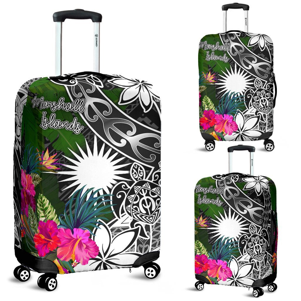 Marshall Islands Luggage Covers - Turtle Plumeria Banana Leaf Black - Polynesian Pride