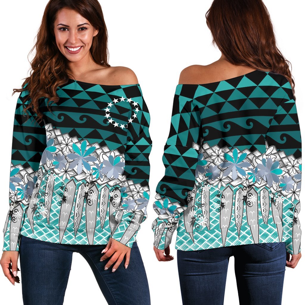 Cook Islands Women's Off Shoulder Sweaters - Coconut Leaves Weave Pattern Blue Blue - Polynesian Pride