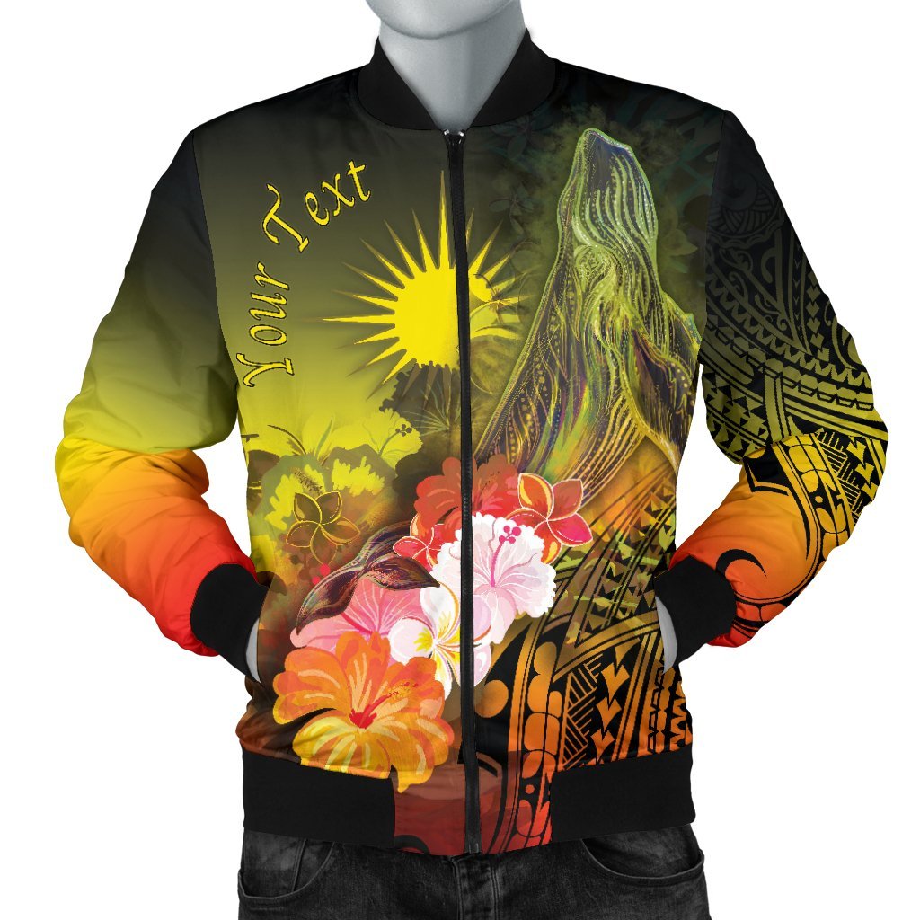 Marshall Islands Custom Personalised Men's Bomber Jackets - Humpback Whale with Tropical Flowers (Yellow) Yellow - Polynesian Pride