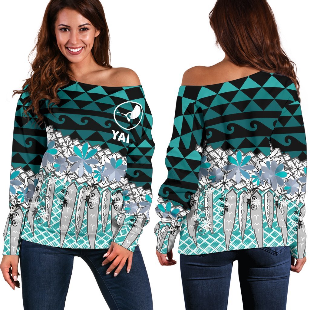 Yap Women's Off Shoulder Sweaters - Coconut Leaves Weave Pattern Blue Blue - Polynesian Pride