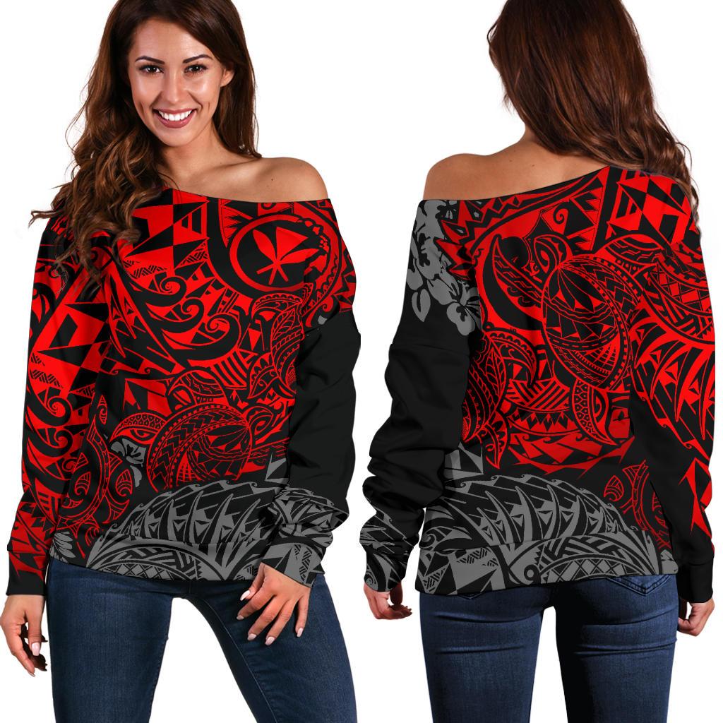 Polynesian Hawaii (Kanaka Maoli) Off Shoulder Sweater - Red Turtle Hibiscus Flowing Red - Polynesian Pride