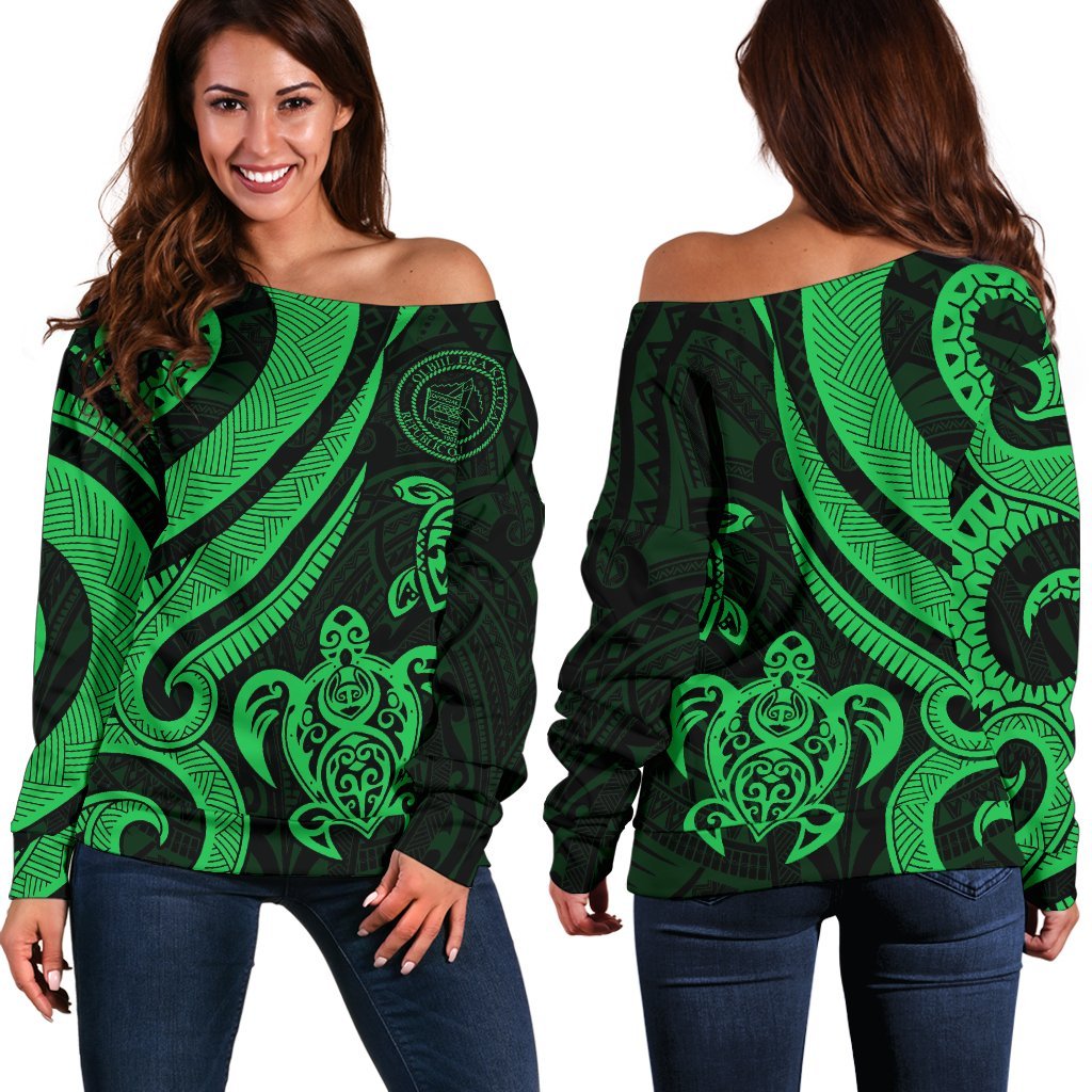 Palau Women's Off Shoulder Sweater - Green Tentacle Turtle Green - Polynesian Pride