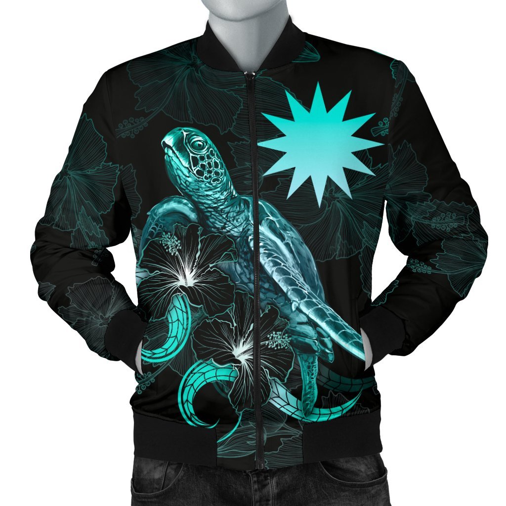 Nauru Polynesian Men's Bomber Jacket - Turtle With Blooming Hibiscus Turquoise Turquoise - Polynesian Pride