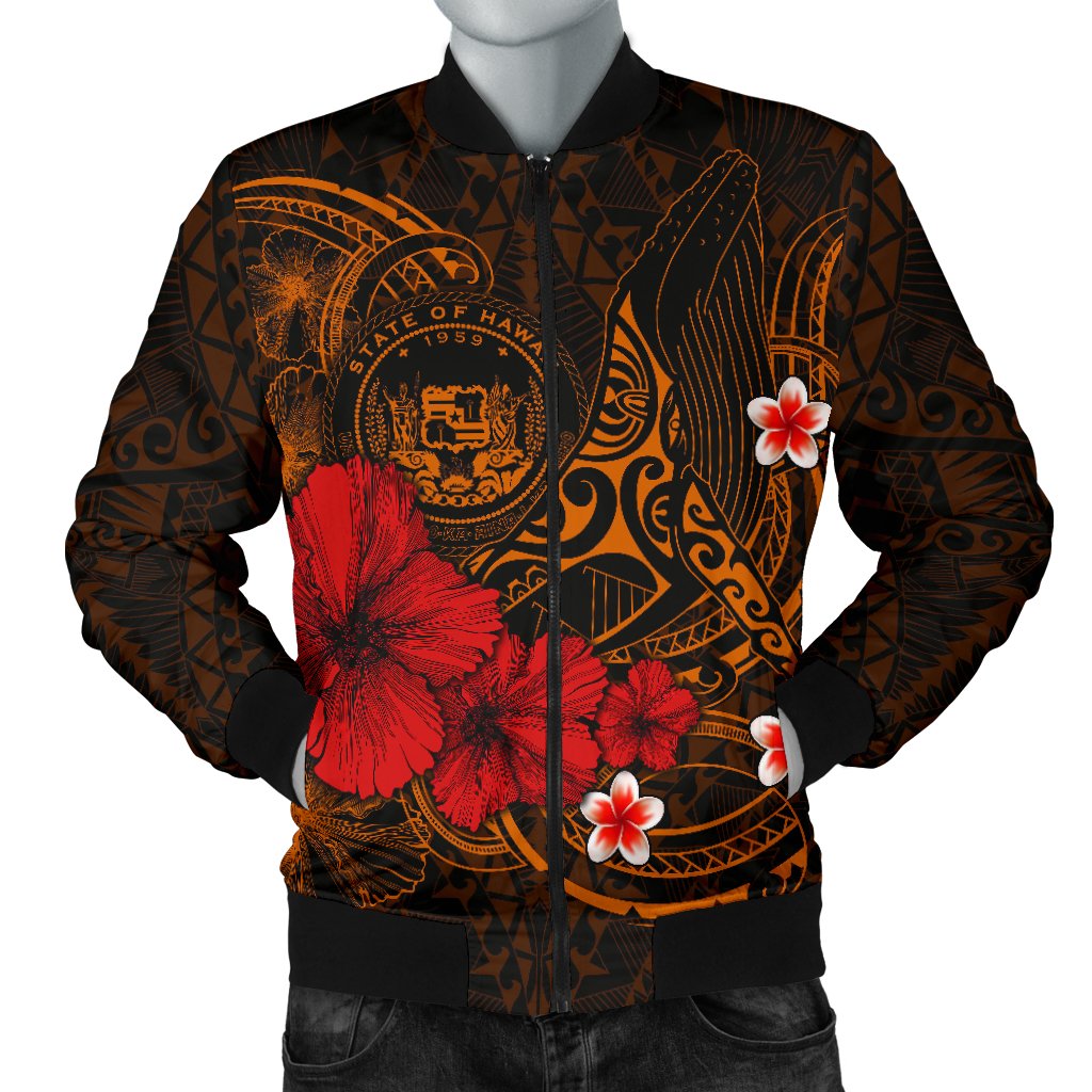 Polynesian Hawaii Men's Bomber Jacket - Humpback Whale with Hibiscus (Golden) Golden - Polynesian Pride