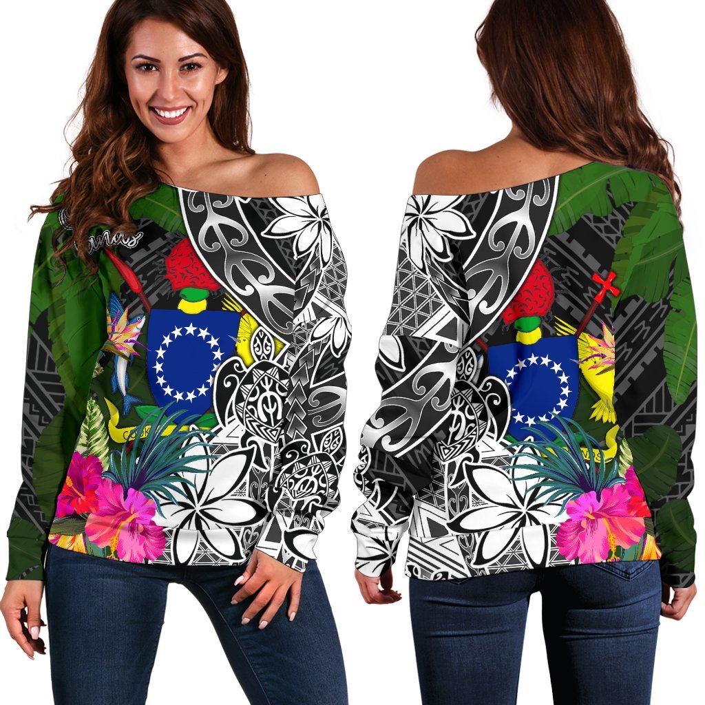 Cook Islands Off Shoulder Sweater - Turtle Plumeria Banana Leaf Black - Polynesian Pride