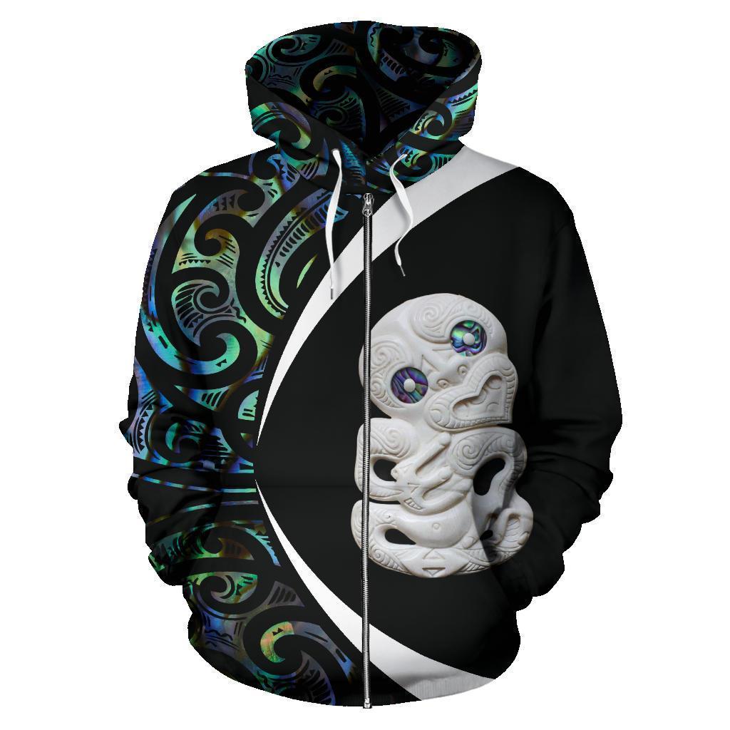 Hei Tiki New Zealand Zip Hoodie, Maori Paua Shell Full Zip Hoodie Unisex Black - Polynesian Pride