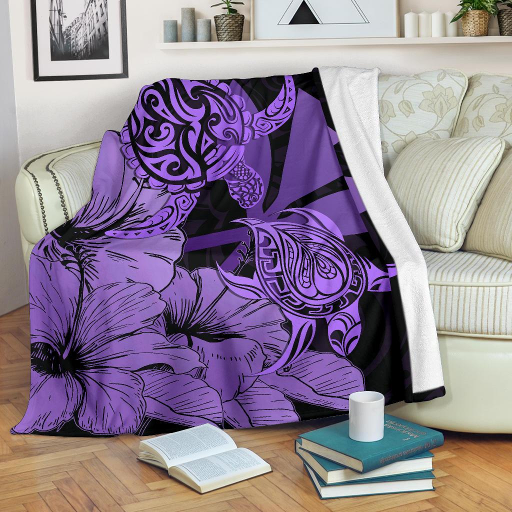 Hawaii Turtle Premium Blanket Polynesian Hibiscus Art Ver 2.0 Violet AH White - Polynesian Pride