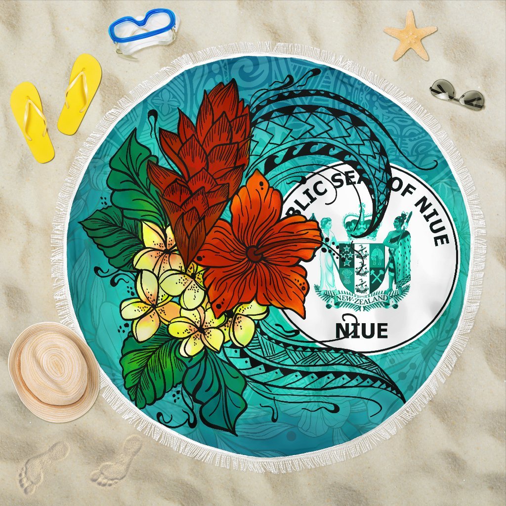 Niue Beach Blanket - Tropical Flowers Style Beach Blanket - Niue One Size Blue - Polynesian Pride