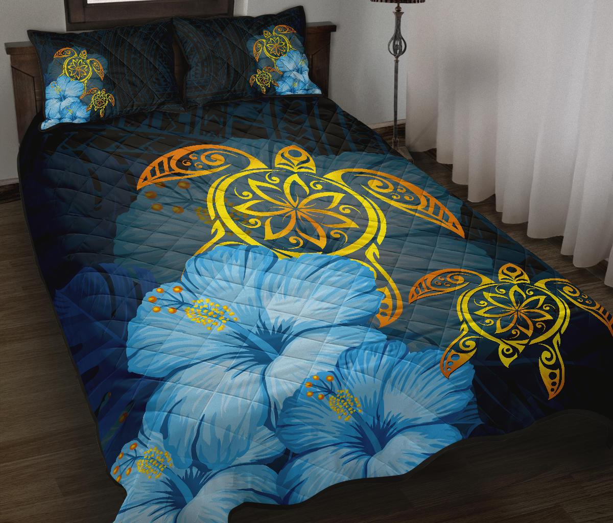 Hawaii Quilt Bed Set - Turtle Hibiscus Pattern Hawaiian Quilt Bed Set - Blue Blue - Polynesian Pride