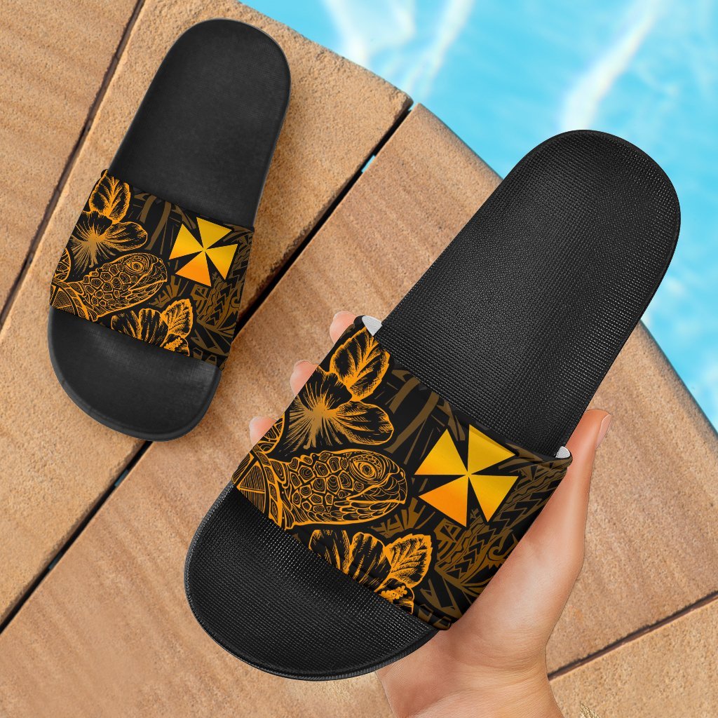 Wallis And Futuna Sandals - Turtle Hibiscus Pattern Gold Black - Polynesian Pride