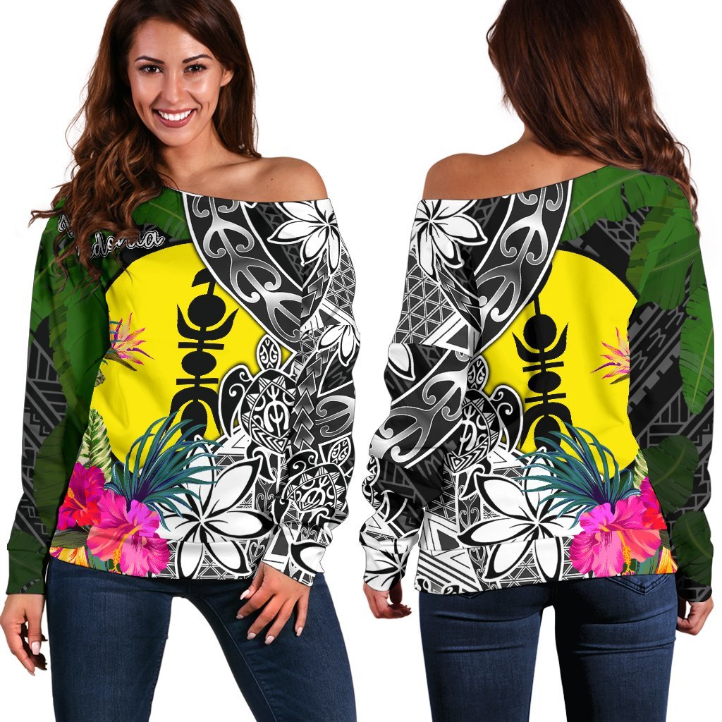 New Caledonia Off Shoulder Sweater - Turtle Plumeria Banana Leaf Black - Polynesian Pride