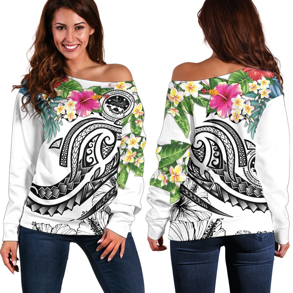 FSM Polynesian Women's Off Shoulder Sweater - Summer Plumeria (White) White - Polynesian Pride