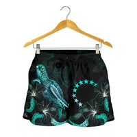 Cook Islands Polynesian Women's Shorts - Turtle With Blooming Hibiscus Turquoise - Polynesian Pride