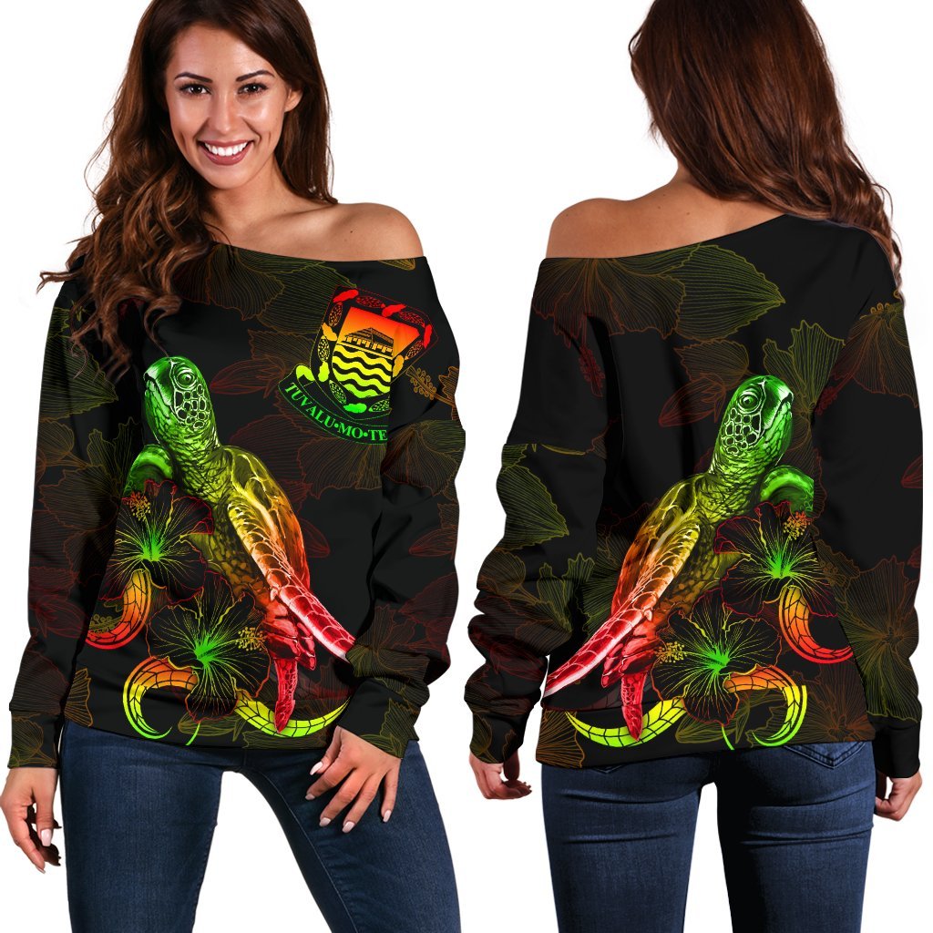 Tuvalu Polynesian Women's Off Shoulder Sweater - Turtle With Blooming Hibiscus Reggae Art - Polynesian Pride