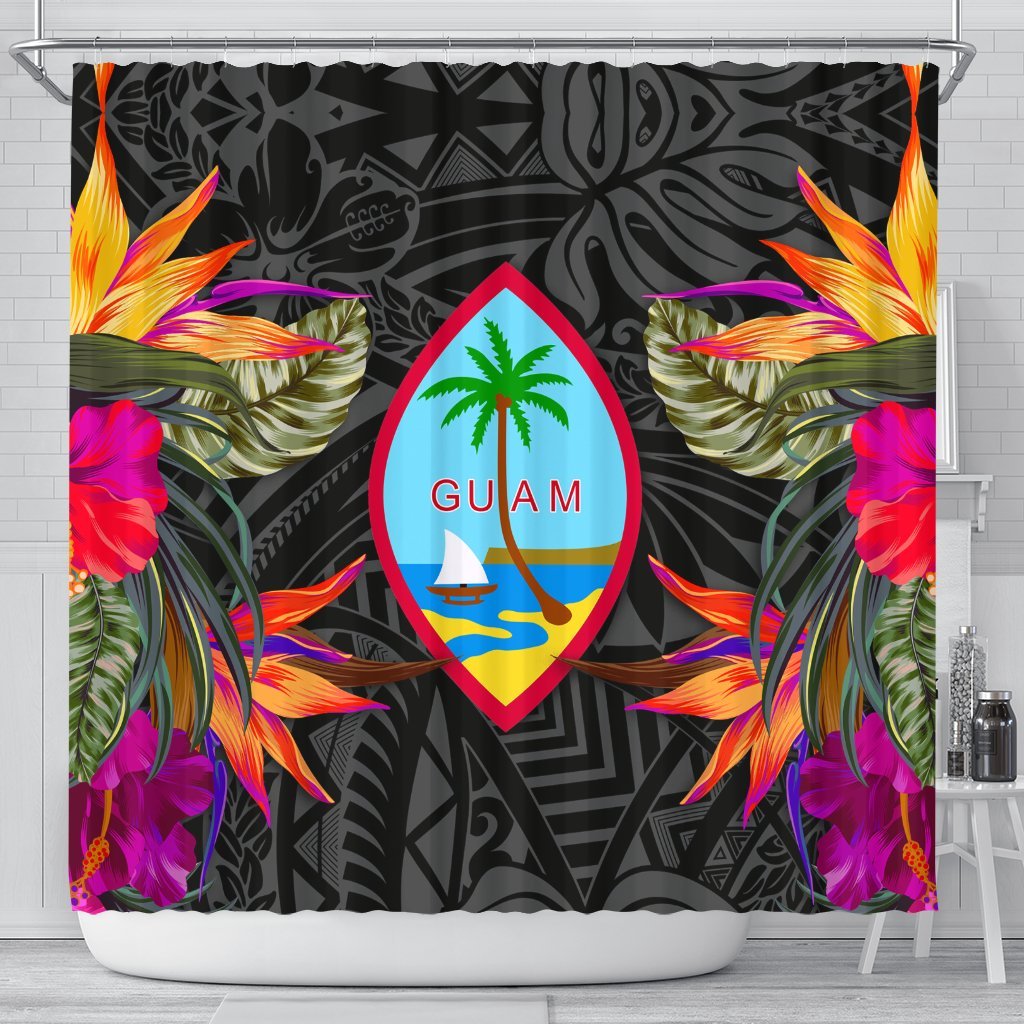 Guam Shower Curtain - Polynesian Hibiscus Pattern 177 x 172 (cm) Black - Polynesian Pride