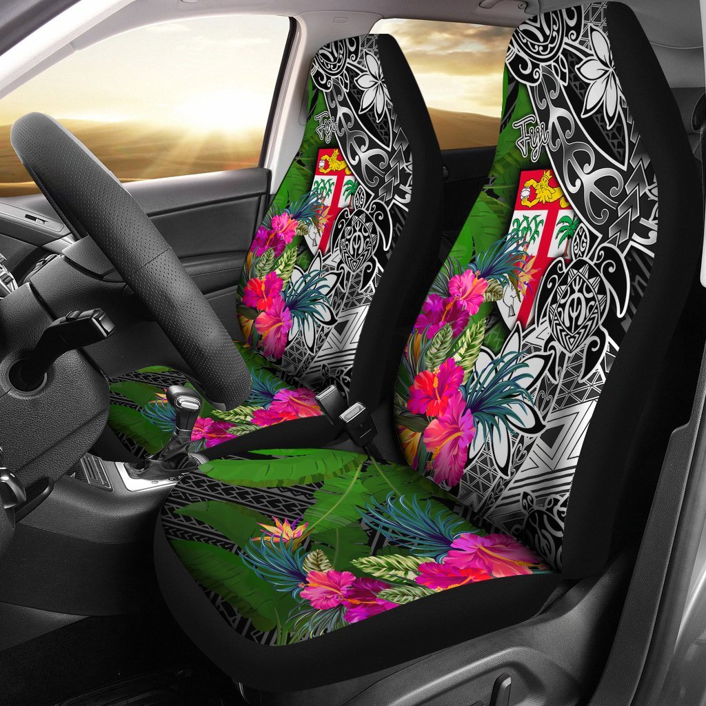 Fiji Car Seat Covers - Turtle Plumeria Banana Leaf Universal Fit Black - Polynesian Pride