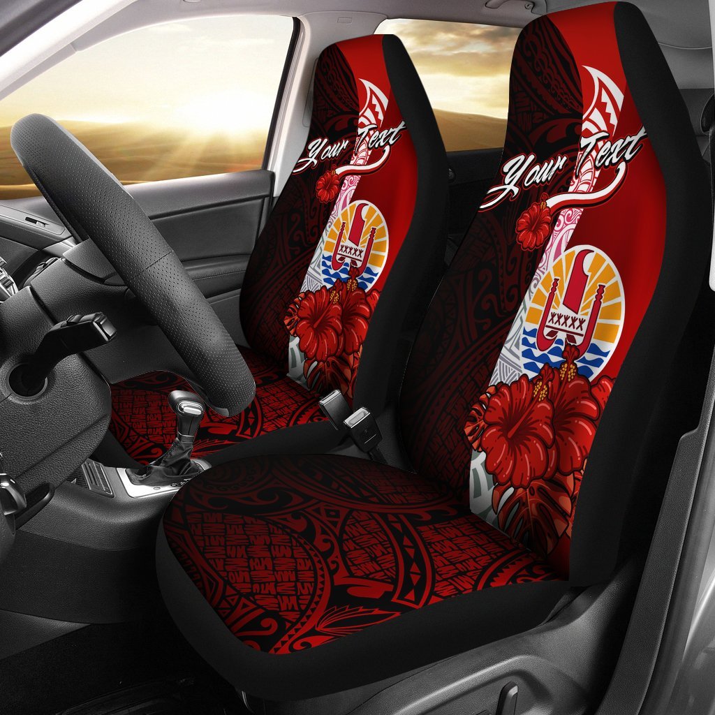 Tahiti Polynesian Custom Personalised Car Seat Covers - Coat Of Arm With Hibiscus Universal Fit Red - Polynesian Pride