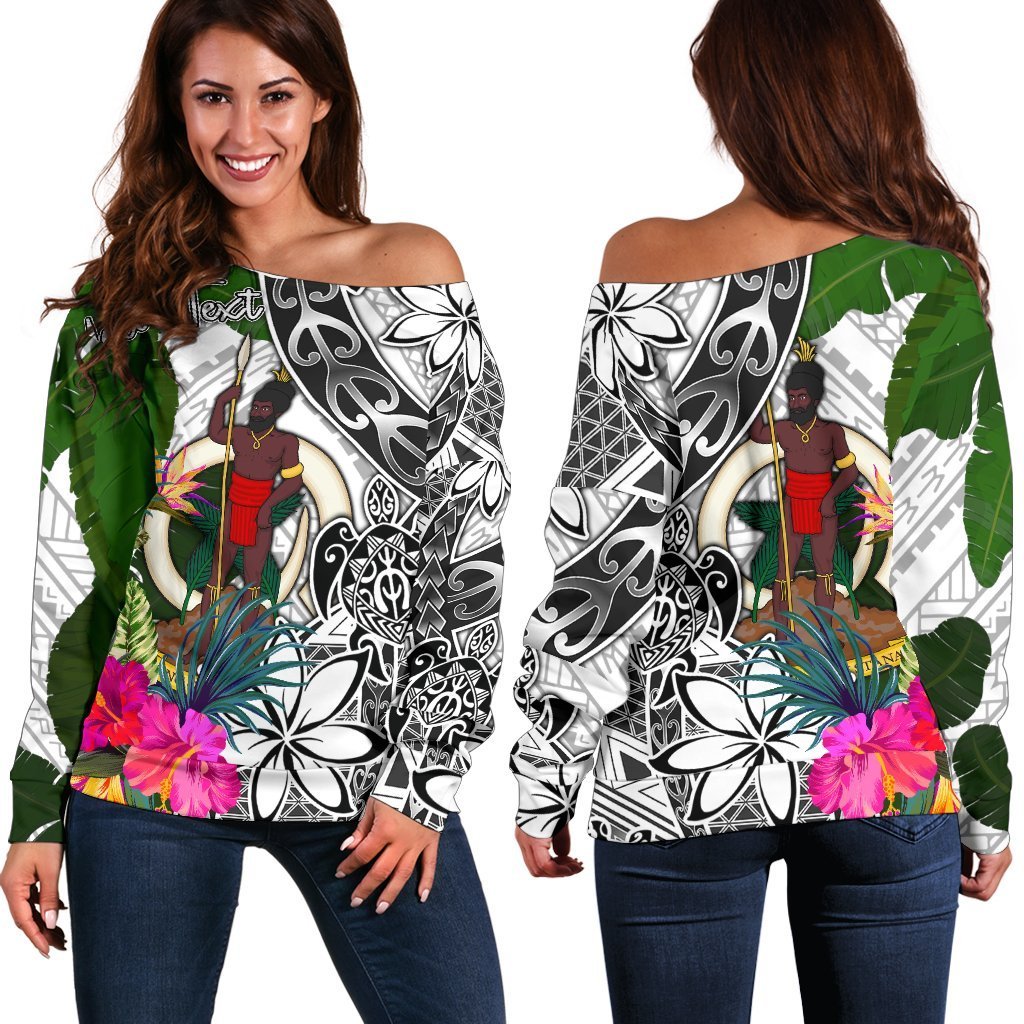 Vanuatu Custom Personalised Women's Off Shoulder Sweater White - Turtle Plumeria Banana Leaf White - Polynesian Pride