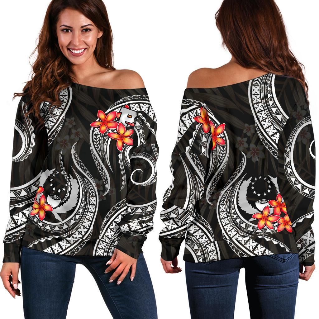 Pohnpei Micronesian Women Off Shoulder Sweater - Black Plumeria BLACK - Polynesian Pride